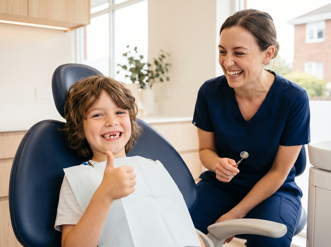 A young child giving a thumbs up in the dental chair.