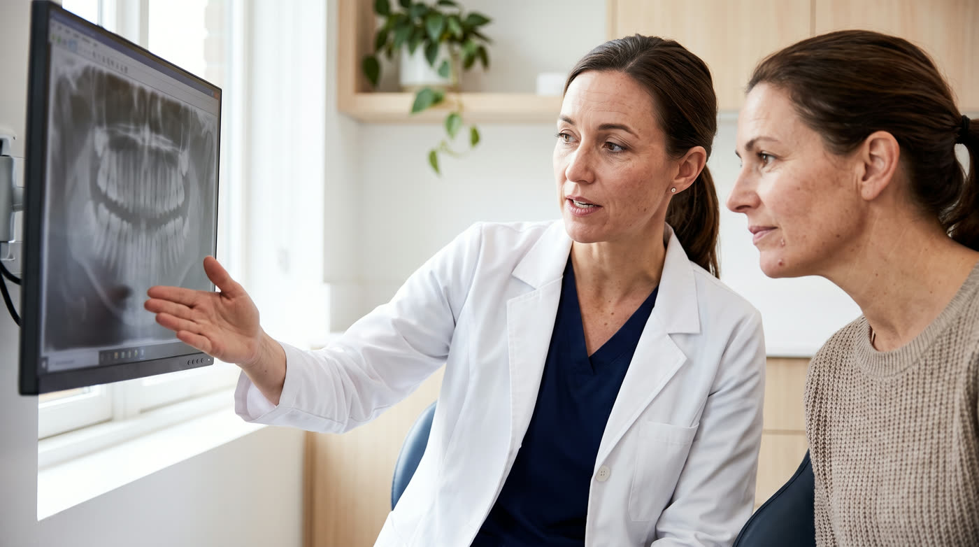 A dentist explaining a scan on a monitor to a patient.