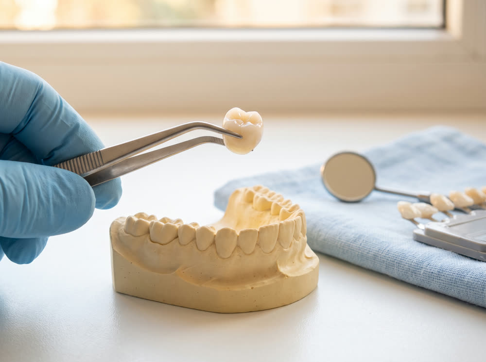 A ceramic crown held in tweezers above a dental study model.