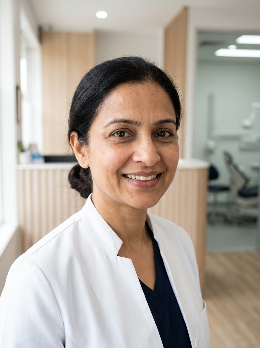Dr. Meera Anand, wearing a white clinical coat, in the practice.