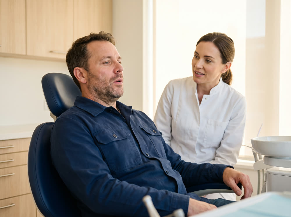 A dentist reassuring a patient in the chair after urgent treatment.