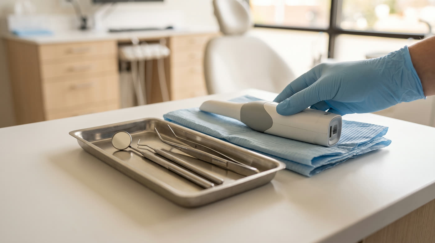 A clean instrument tray and an intraoral scanner on a white worktop.