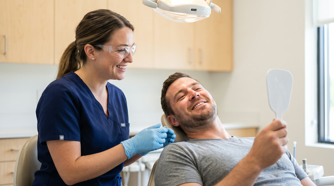 A hygienist talking with a relaxed patient in the chair.