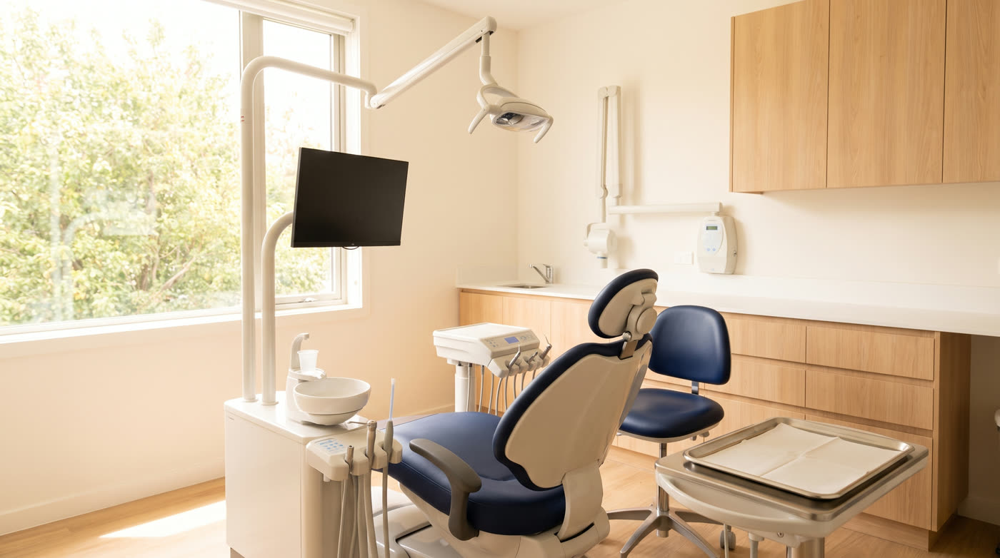 A modern dental treatment room with a navy chair and daylight from a window.