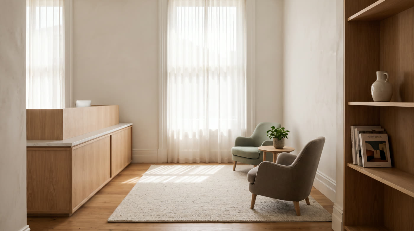 The practice waiting area with armchairs and a large window.