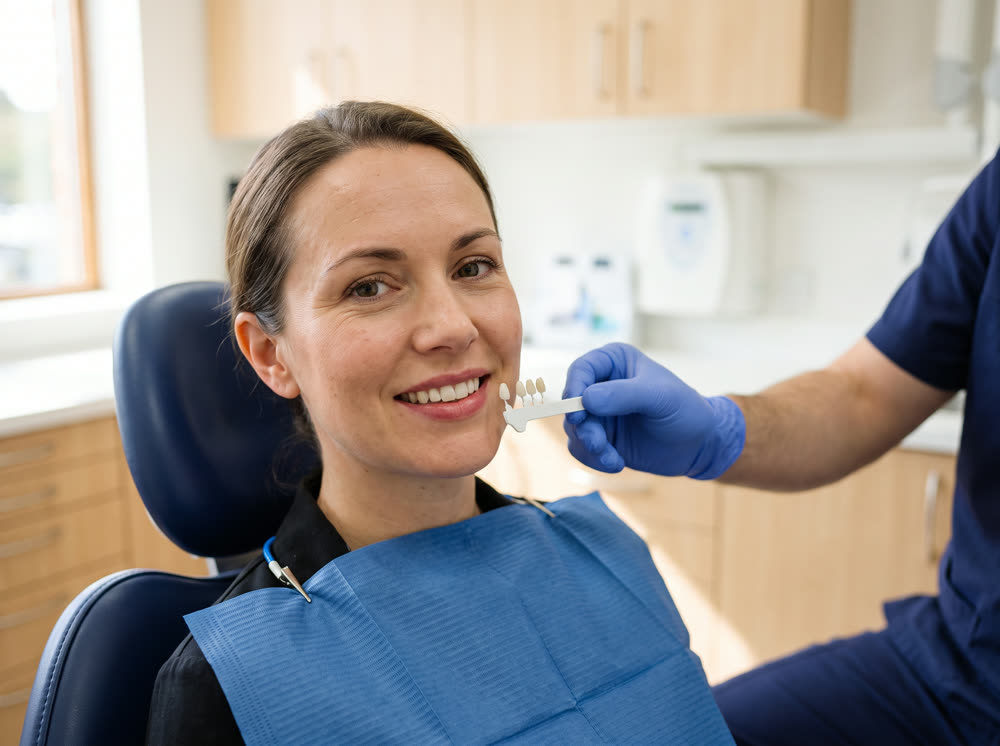 A patient having tooth colour matched against a shade guide.